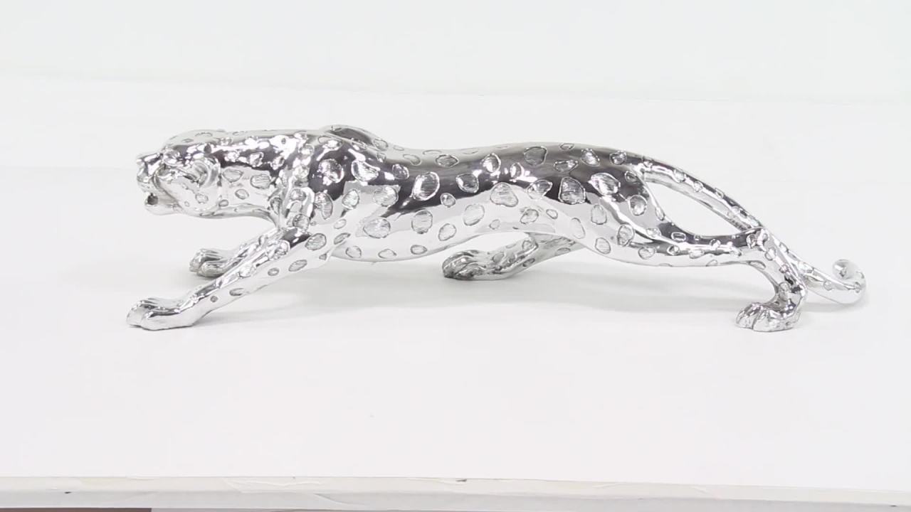 thumbnail video image 2 of 48" x 12" Silver Polystone Leopard Sculpture, by DecMode, 2 of 11
