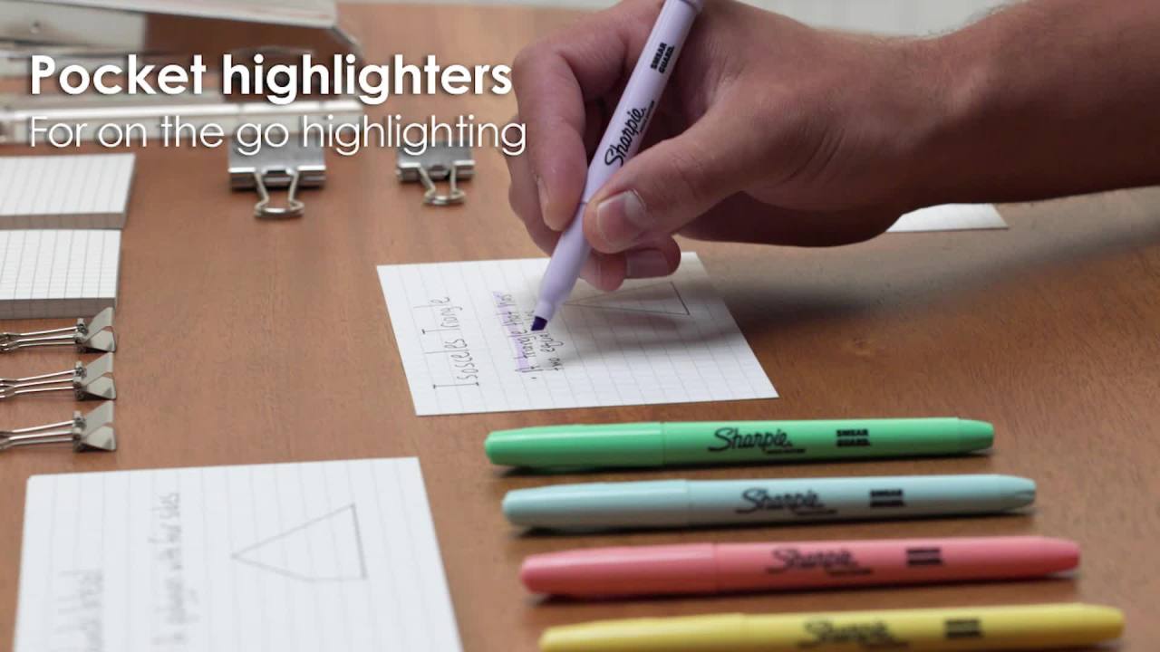 thumbnail video image 2 of Sharpie Pocket Highlighters, Mild Pastel Colors, Assorted, Chisel Tip, 12 Count, 2 of 8