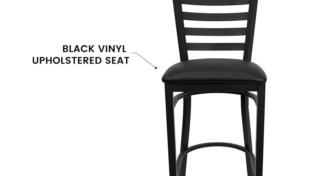 thumbnail video image 2 of Flash Furniture Hercules Ladder Back Vinyl Barstool, Black, Set of 2, 2 of 14