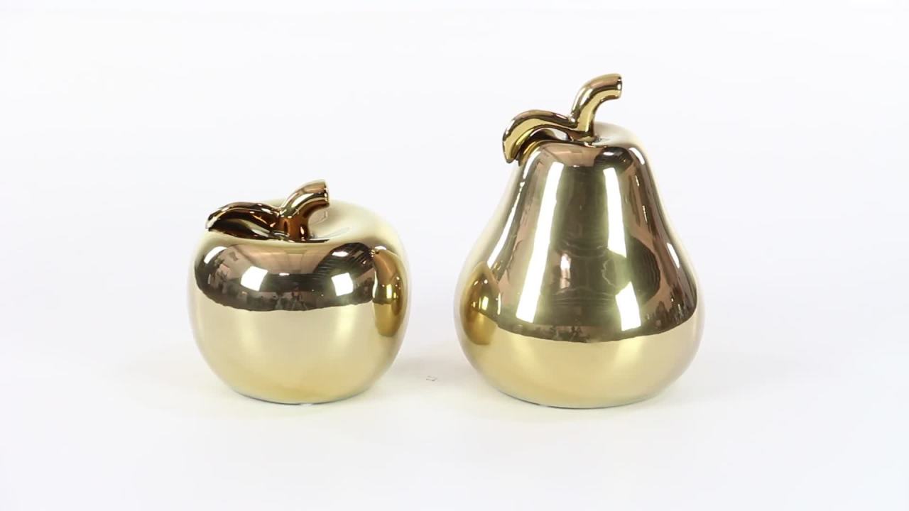 thumbnail video image 2 of 7", 9"H Gold Ceramic Decorative Fruit Sculpture, by DecMode (2 Count), 2 of 11