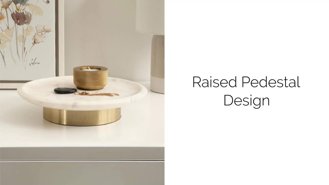 thumbnail video image 2 of Kate and Laurel Sevienne Modern Glam Round Marble Tray, 10 Inch Diameter, White and Gold, Contemporary Scooped Pedestal Tray for Use as Entryway Tray Catchall or Small Coffee Table Tray, 2 of 9