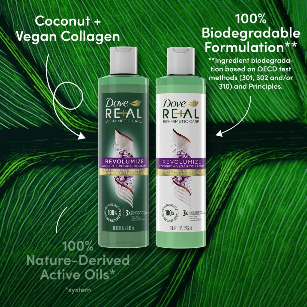 thumbnail video image 2 of Dove Real Biomimetic Care Daily Shampoo with Vegan Collagen, Coconut, 10 fl oz, 2 of 10
