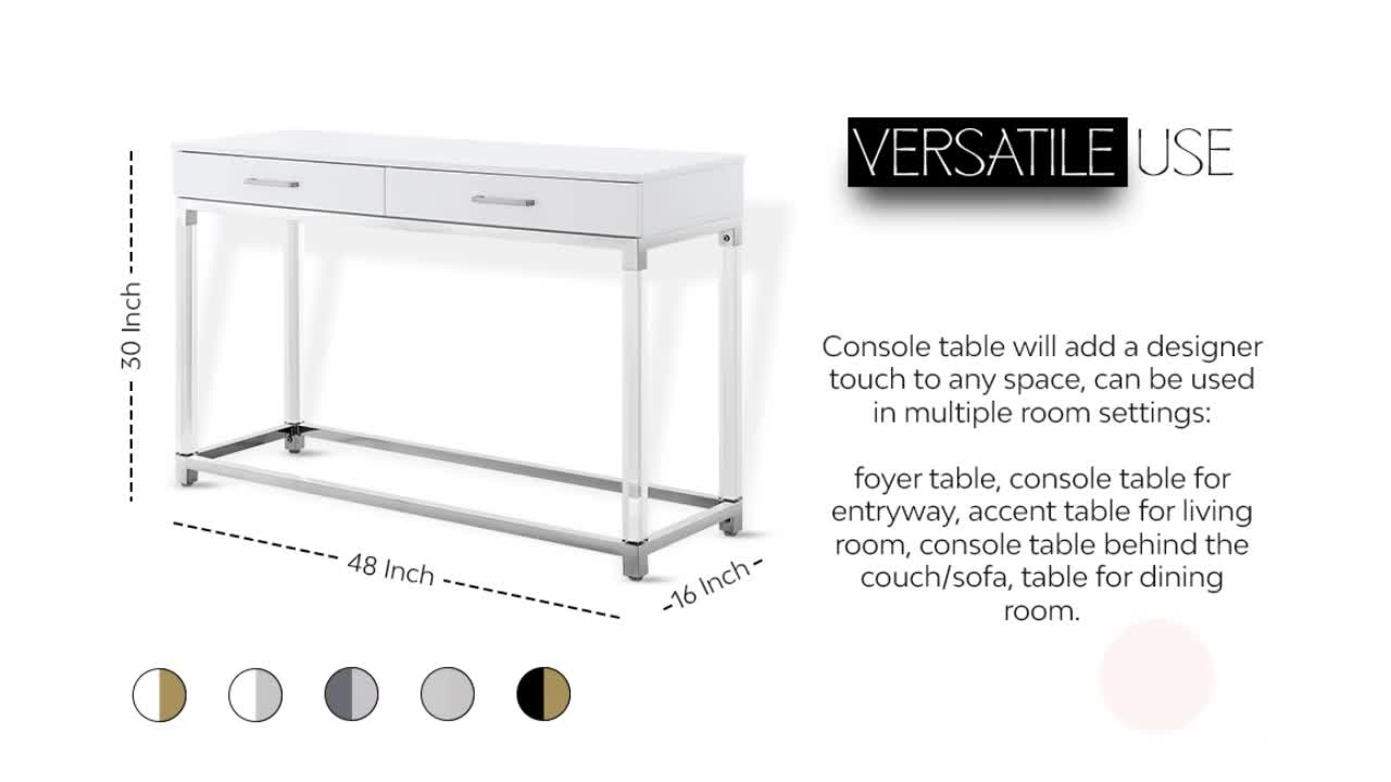 thumbnail video image 2 of Inspired Home Alena Console Table 2 Drawers High Gloss Acrylic Legs Chrome Stainless Steel Base Modern Design, White/Chrome, 2 of 10