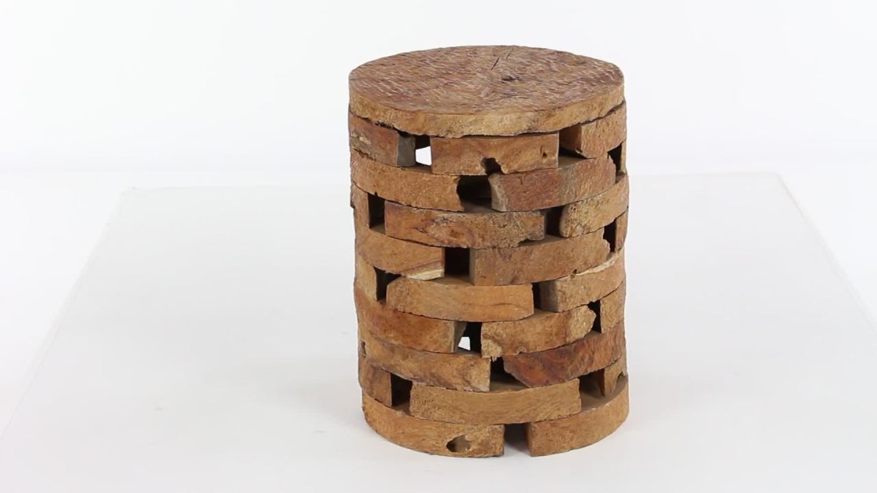 thumbnail video image 2 of DecMode 14" x 18" Brown Teak Wood Handmade Live Edge Accent Table with Brick Inspired Design, 1-Piece, 2 of 7