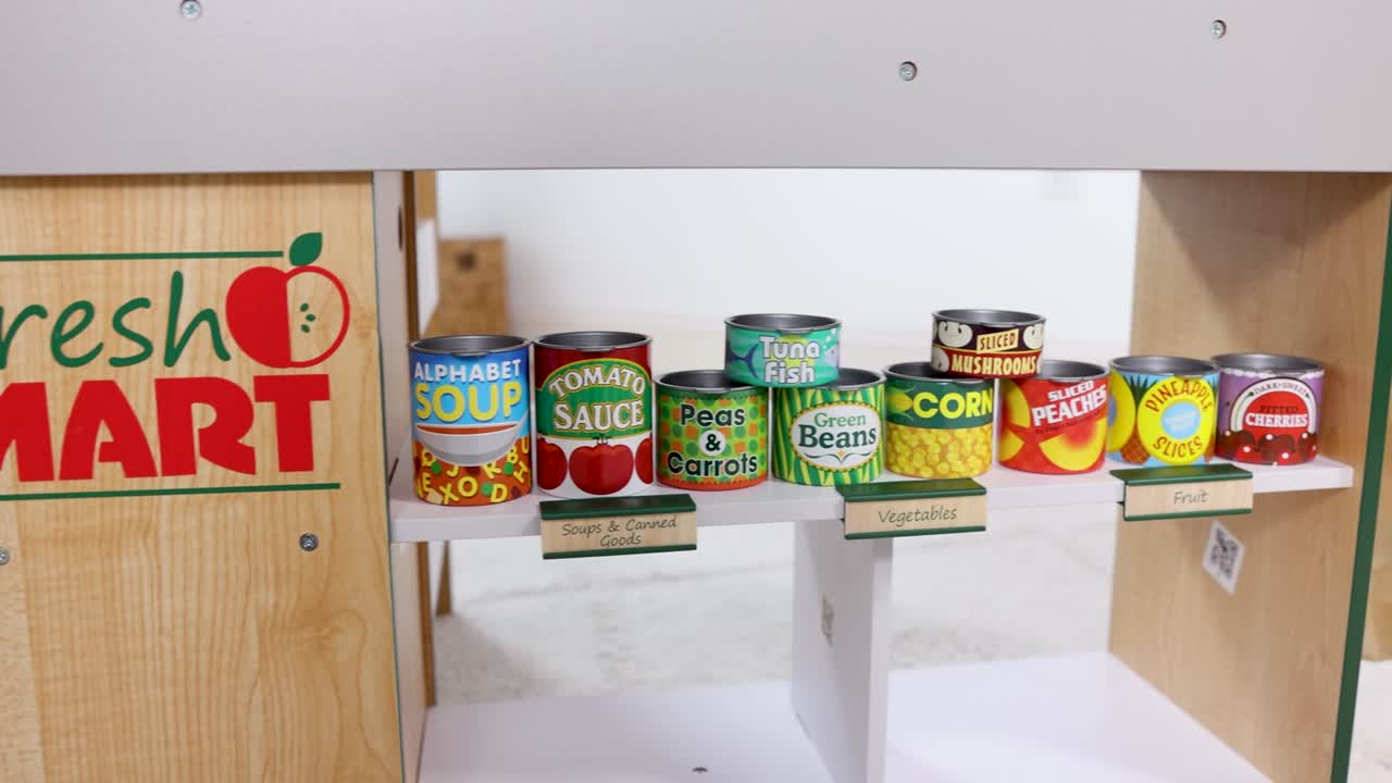 thumbnail video image 2 of Melissa & Doug Stackable Grocery Cans Kitchen Accessory - 10 Can Set, 2 of 10