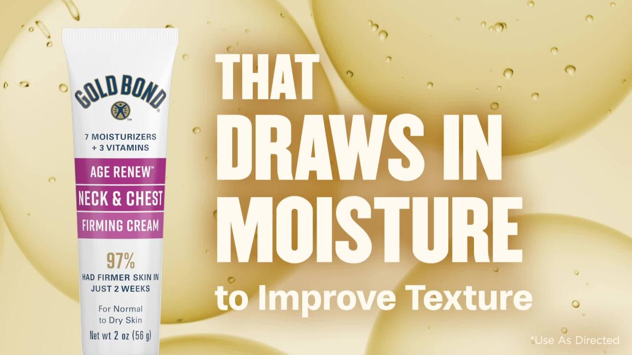 thumbnail video image 3 of Gold Bond Age Renew Neck and Chest Firming Cream, with Hyalorunic Acid, for Normal to Dry Skin, 2 oz, 3 of 10