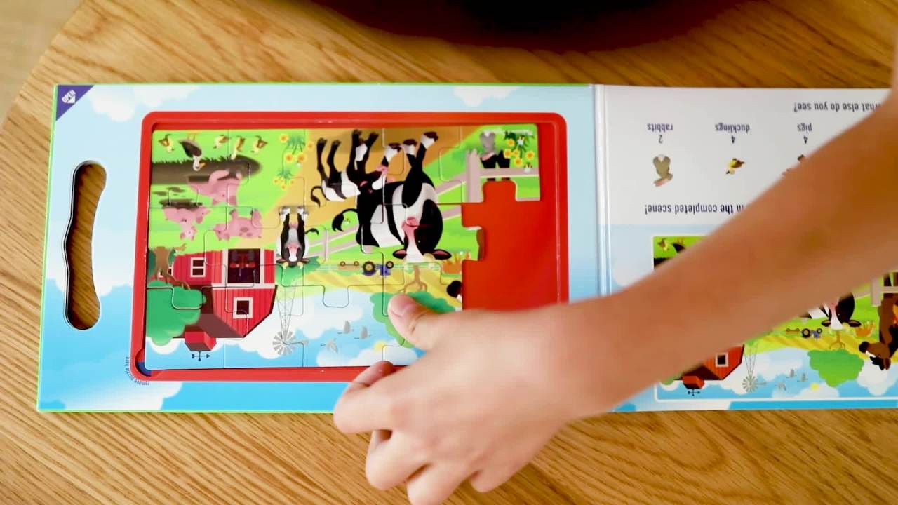 thumbnail video image 3 of Melissa & Doug Take-Along Magnetic Jigsaw Puzzles Travel Toy – On the Farm (2 15-Piece Puzzles), 3 of 11