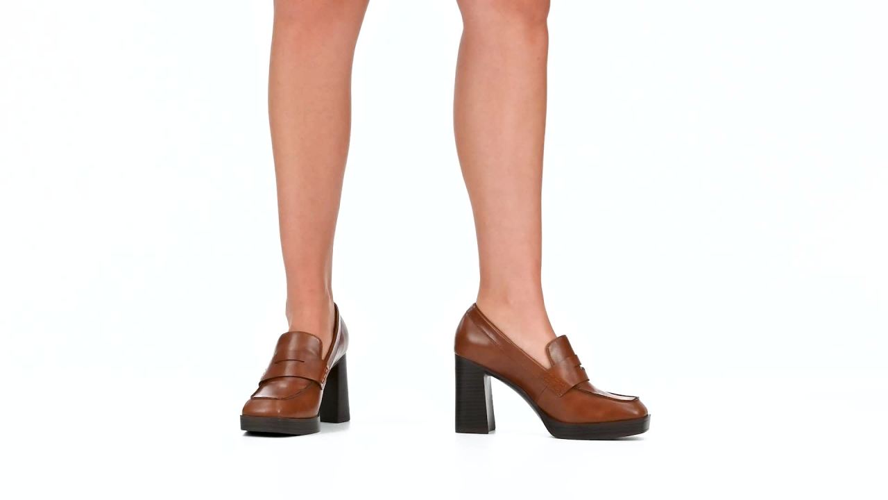 thumbnail video image 2 of Journee Womens Ezzey Loafer Mid Stacked Heel Square Toe Pumps, Widths Available, 2 of 10