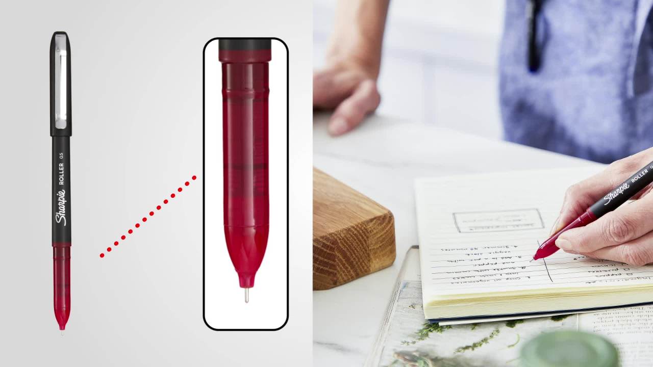 thumbnail video image 2 of Sharpie Rollerball Pen, Needle Point (0.5mm) Precision Pen, Blue Ink, 4 Count, 2 of 8