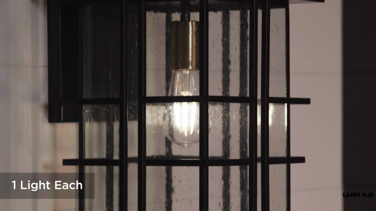 thumbnail video image 2 of Possini Euro Design Arley Modern Industrial Outdoor Wall Light Fixtures Set of 2 Black 16" Seedy Glass for Post Exterior Barn Deck House, 2 of 10