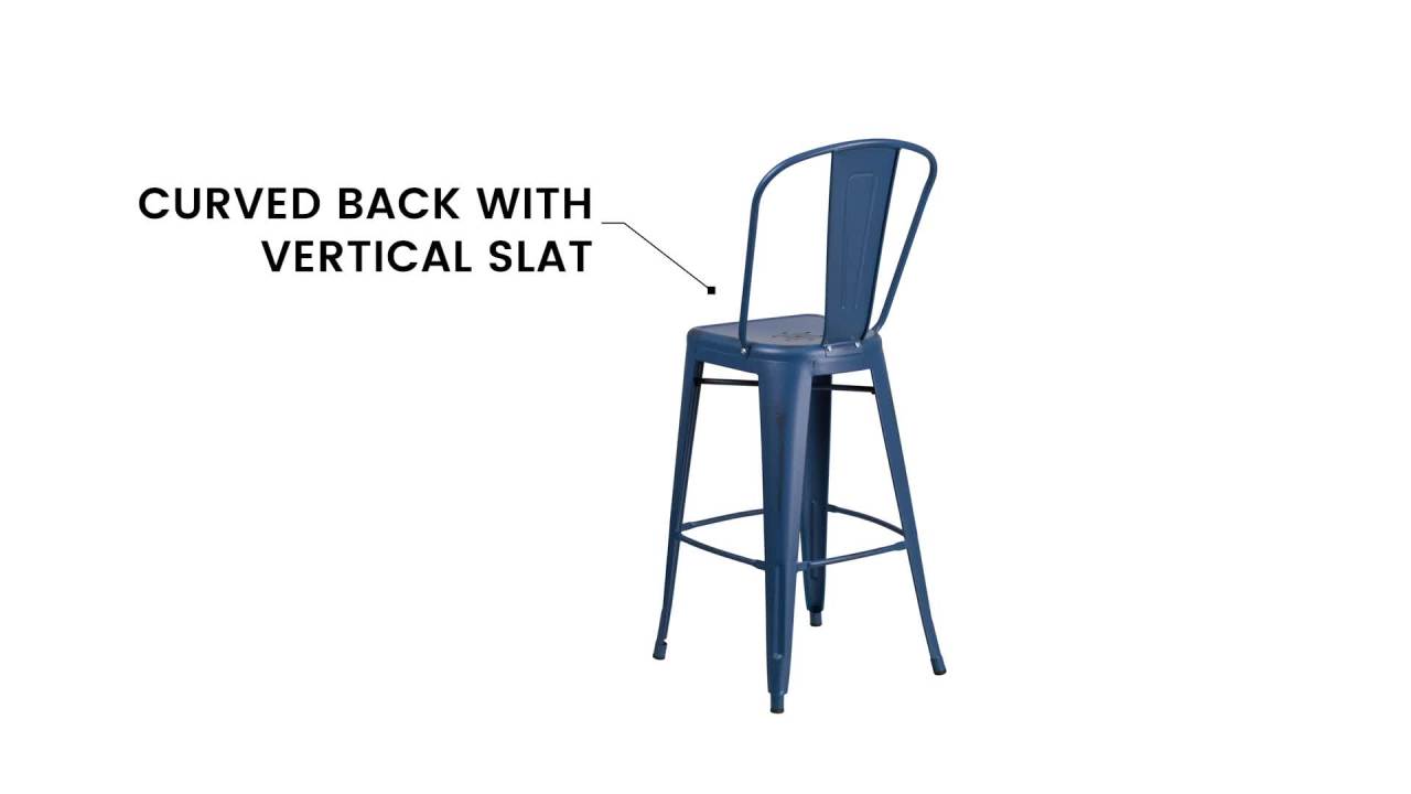 thumbnail video image 2 of Flash Furniture Commercial Grade 30" High Distressed Kelly Blue-Teal Metal Indoor-Outdoor Barstool with Back, 2 of 13