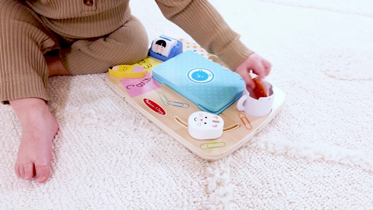 thumbnail video image 3 of Melissa & Doug Wooden Work & Play Desktop Activity Board Infant and Toddler Sensory Toy - FSC Certified, 3 of 12