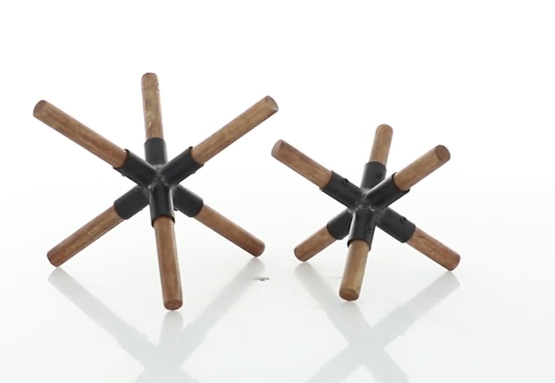 thumbnail video image 2 of 6", 4"H Brown Wood Jack Sculpture with Black Metal Centers, by DecMode (2 Count), 2 of 9