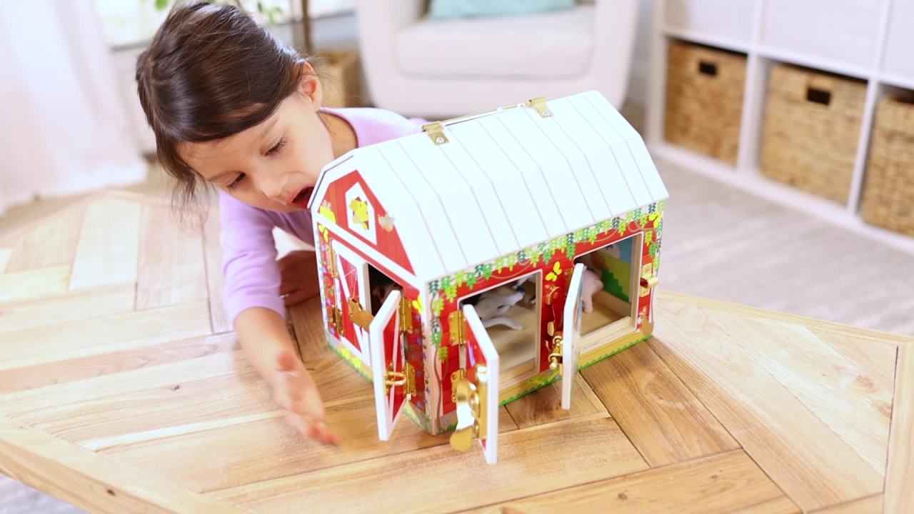 thumbnail video image 3 of Melissa & Doug Latches Wooden Activity Barn with 5 Doors, 4 Play Figure Farm Animals, 3 of 11