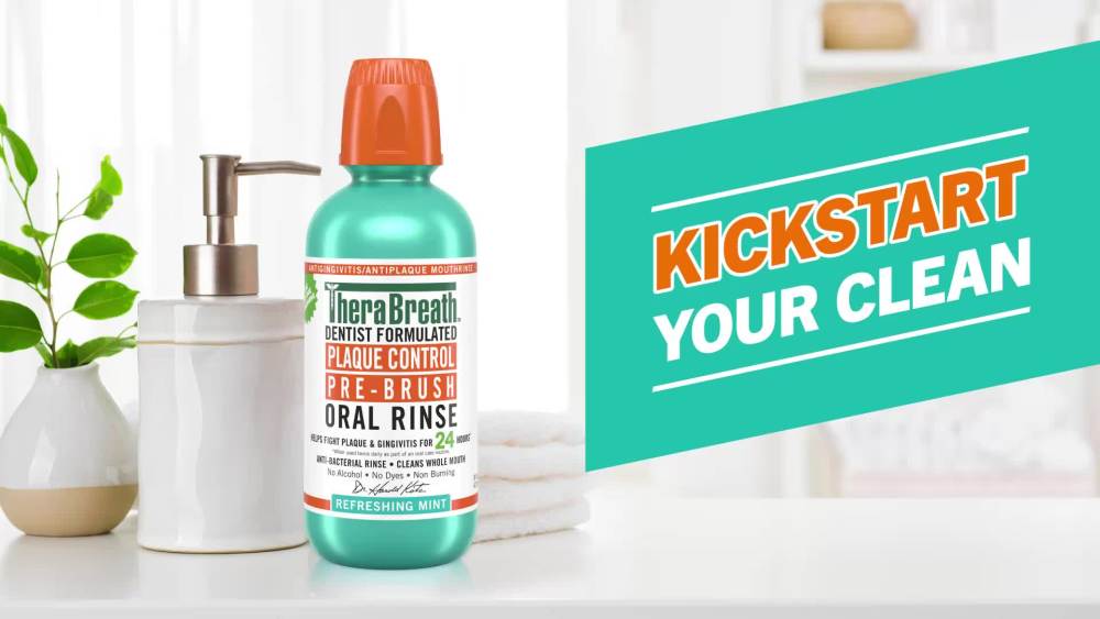 thumbnail video image 2 of TheraBreath Plaque Control Pre-Brush Oral Rinse, Refreshing Mint, 16 fl oz, 2 of 14
