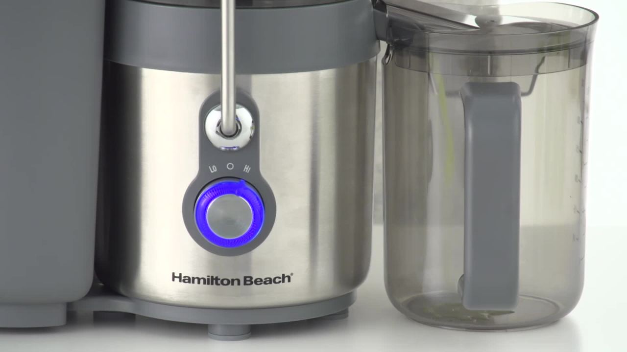 thumbnail video image 2 of Hamilton Beach Big Mouth Easy Clean Juicer Machine for Fruits and Vegetables with Extra Large Chute,  Extractor de Jugos, Stainless Steel, 2 of 9