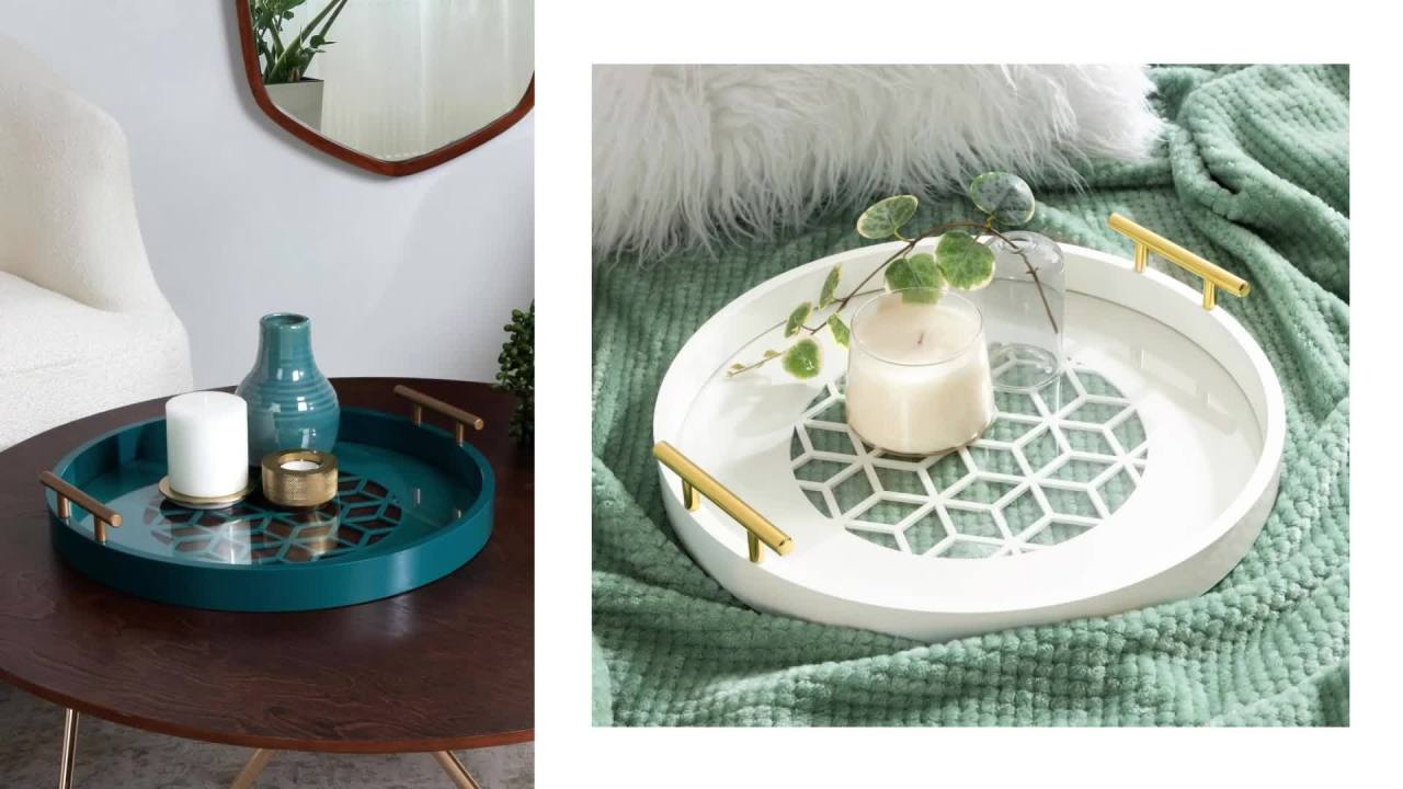 thumbnail video image 2 of Kate and Laurel Caspen Cut Out Pattern Decorative Round Tray with Silver Metal Handles, 16 x 16, Black and Silver, Modern Glam Serving Tray with Handles for Living Room Decor, 2 of 9