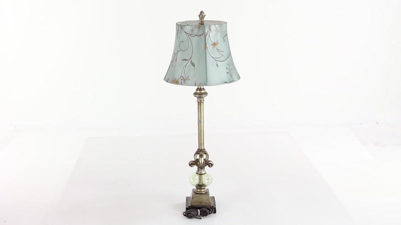 thumbnail video image 2 of DecMode 32" Antique Style Floral Brass Buffet Lamp with Blue Linen Shade, 2 of 11