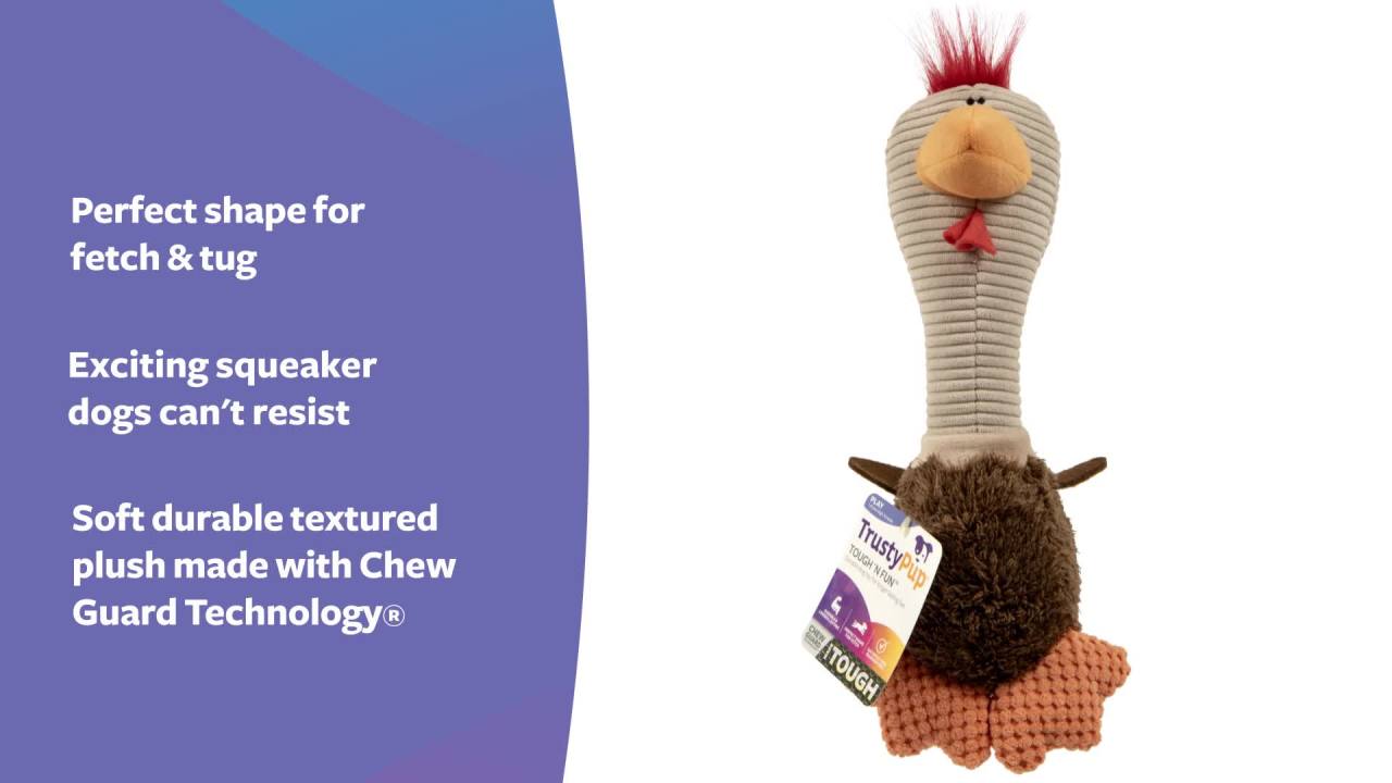 thumbnail video image 2 of TrustyPup Tough 'N Fun Long Neck Rowdy Rooster Squeaky Chew Guard Dog Toy, Brown Large, 2 of 8