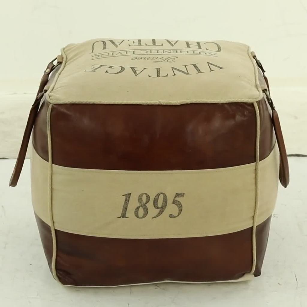 thumbnail video image 2 of DecMode Stripes Brown Canvas Text Pouf with Leather Accents, 2 of 15