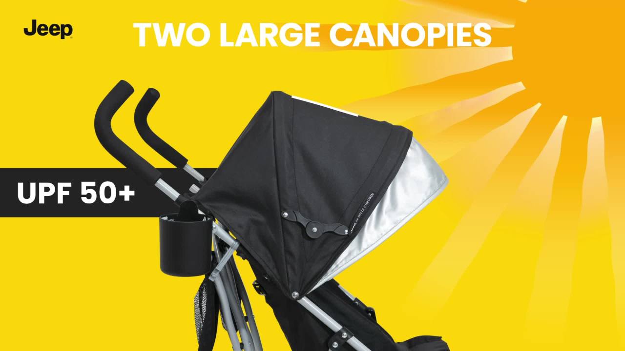 thumbnail video image 3 of Jeep TurboGlyde Side by Side Double Stroller by Delta Children, Black/Silver, 3 of 11