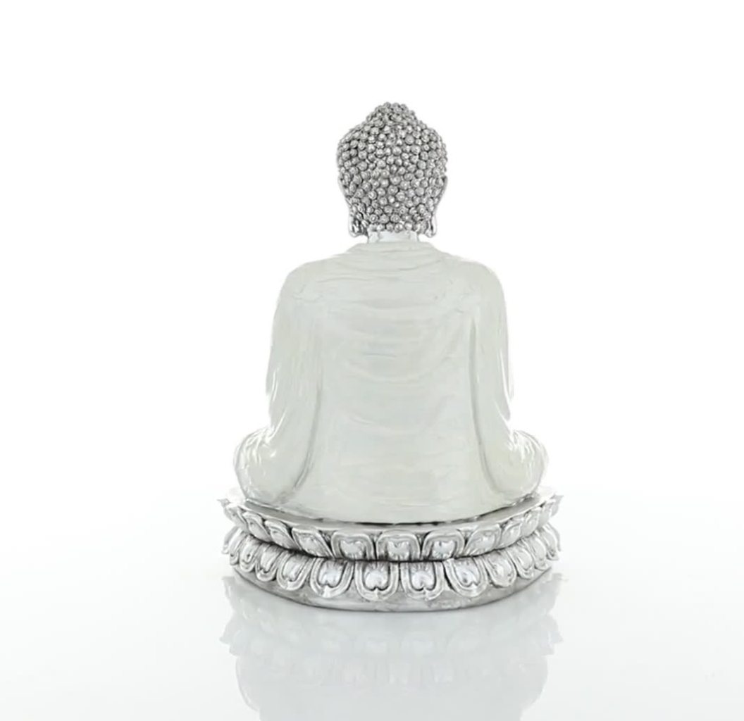 thumbnail video image 2 of 12" x 16" Silver Polystone Meditating Buddha Sculpture with Engraved Carvings and Relief Detailing, by DecMode, 2 of 9