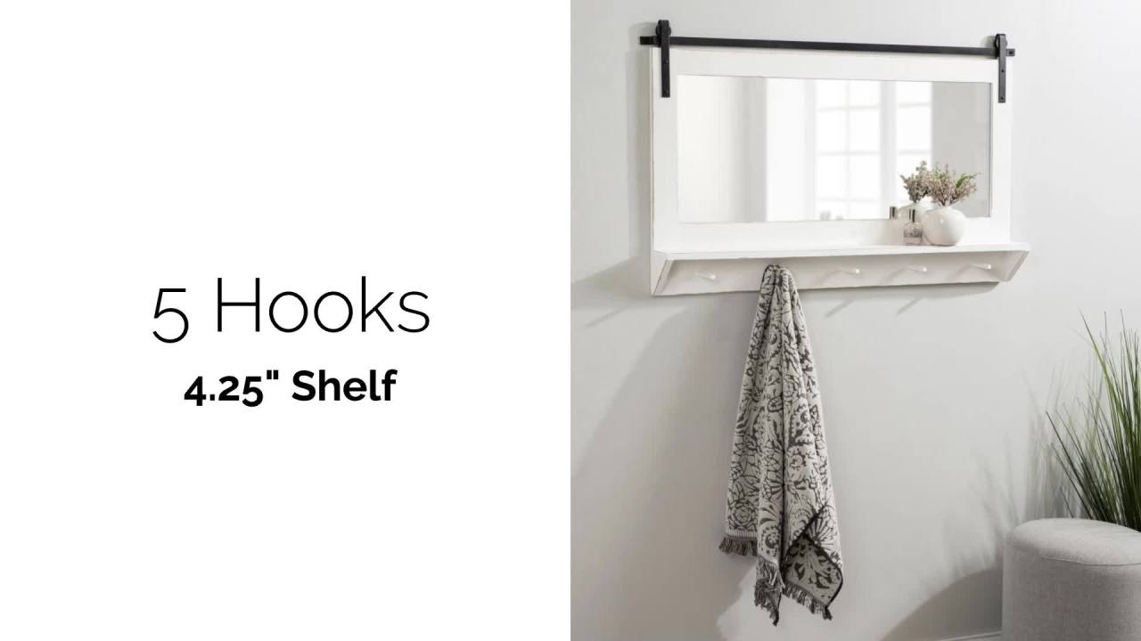 thumbnail video image 2 of Kate and Laurel Cates Farmhouse Horizontal Pub Mirror with Shelf and Hooks, 42 x 27, White, Decorative Coastal Wall Mirror with Rustic Functional Storage, 2 of 9