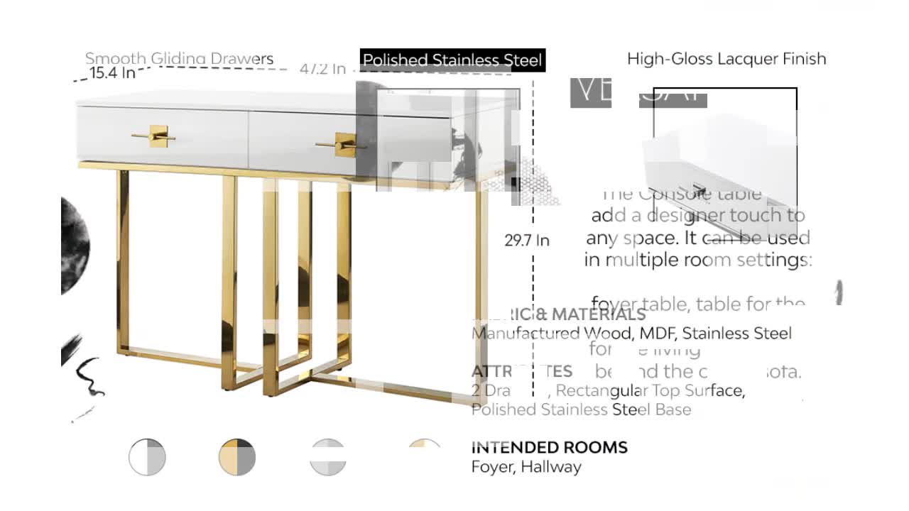 thumbnail video image 2 of Nicole Miller Meli Console Table 2 Drawers Hight Gloss Lacquer Finish Polished Stainless Steel Base, Light Grey/Chrome, 2 of 11
