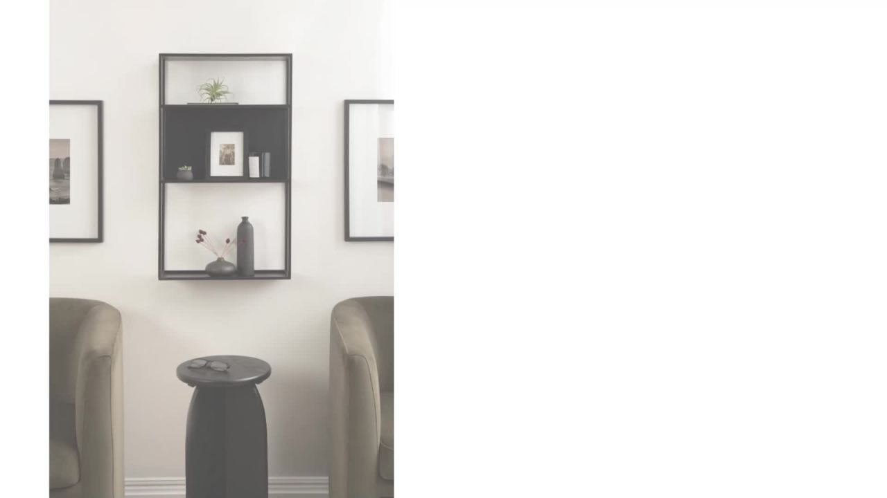 thumbnail video image 2 of Kate and Laurel Nomi Modern Metal Bathroom Wall Shelf, 18 x 6 x 32, Black, Contemporary Sleek Tiered Metal Shelves for Wall Decor, Display, and Over-the-Toilet Storage, 2 of 9