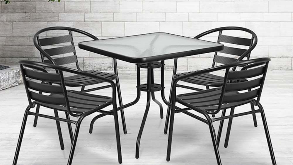 Flash Furniture 31.5'' Square Glass Metal Table with 4 Black Metal Aluminum Slat Stack Chairs - image 2 of 13
