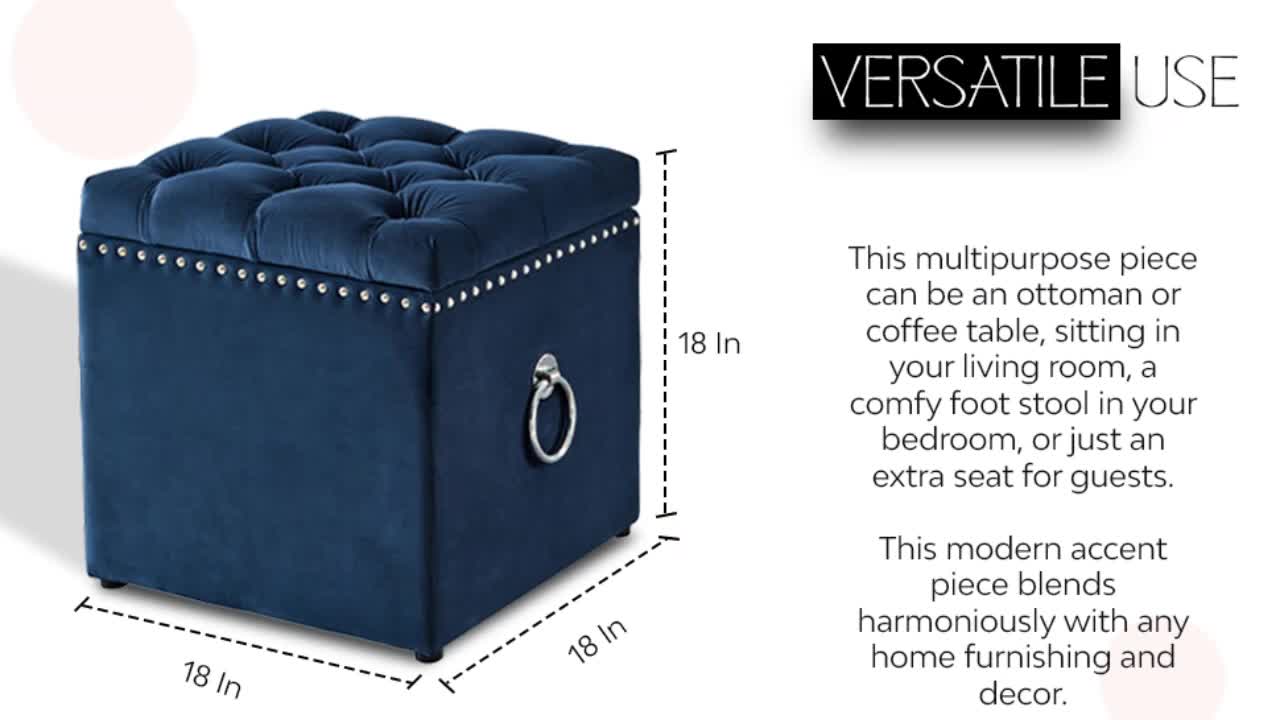 thumbnail video image 2 of Inspired Home Melania Velvet 1pc Storage Ottoman Chrome Nailhead Trim , Grey, 2 of 9