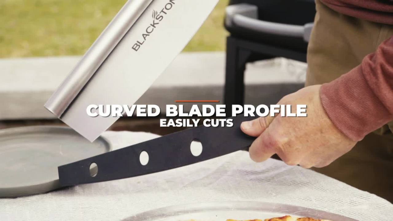 thumbnail video image 2 of Blackstone 15" Stainless Steel Pizza Rocker Pizza Cutter with Blade Cover, 1.2 lb., 2 of 9