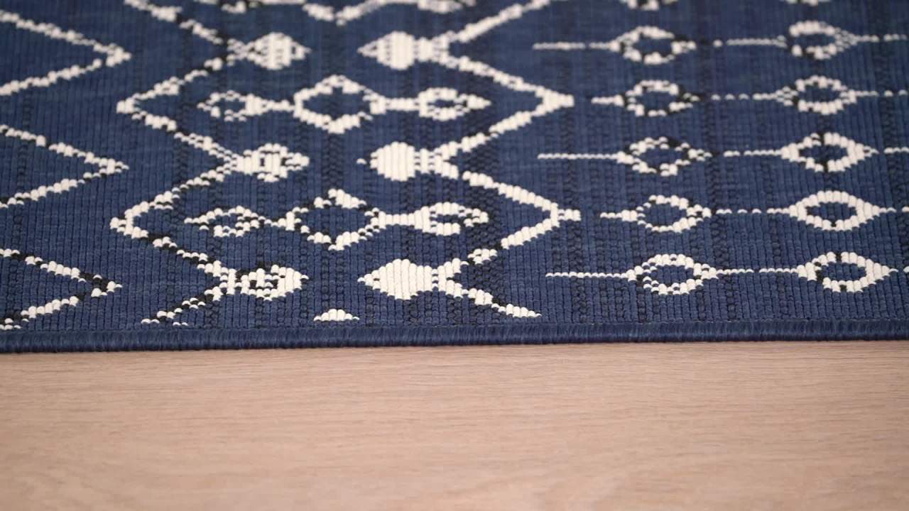 thumbnail video image 2 of Noble House 5' x 7' Navy Blue and Ivory Outdoor Rug, 2 of 7