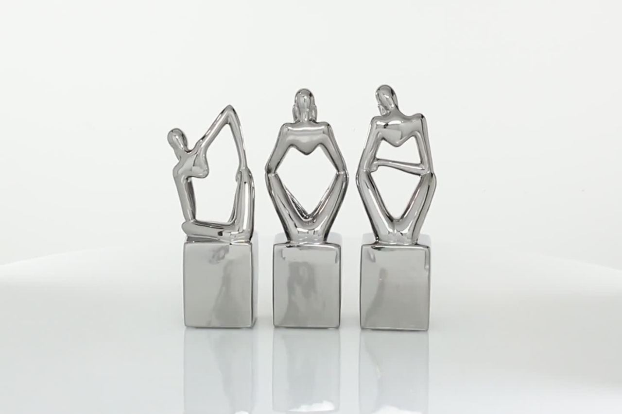 thumbnail video image 2 of 4"W, 13"H Silver Porcelain Ceramic Sitting Thinker People Sculpture, by CosmoLiving by Cosmopolitan (3 Count), 2 of 12