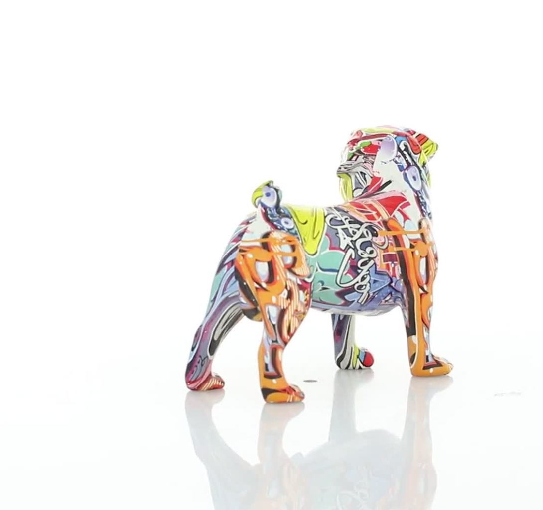 thumbnail video image 2 of 13" x 7" Multi Colored Polystone Graffiti Bulldog Sculpture, by DecMode, 2 of 9