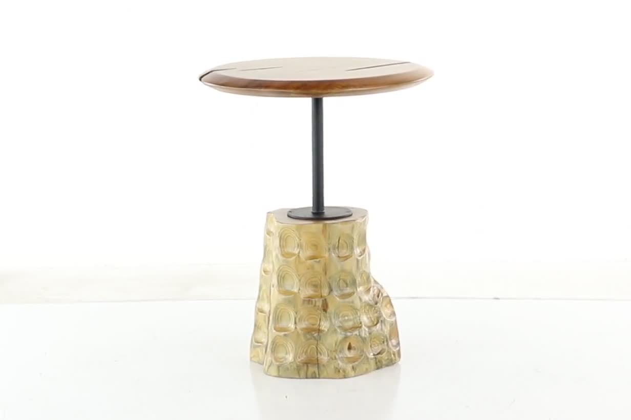 thumbnail video image 2 of DecMode 18" x 23" Brown Teak Wood Handmade Live Edge Raised Tabletop Accent Table with Tree Stump Base, 1-Piece, 2 of 10