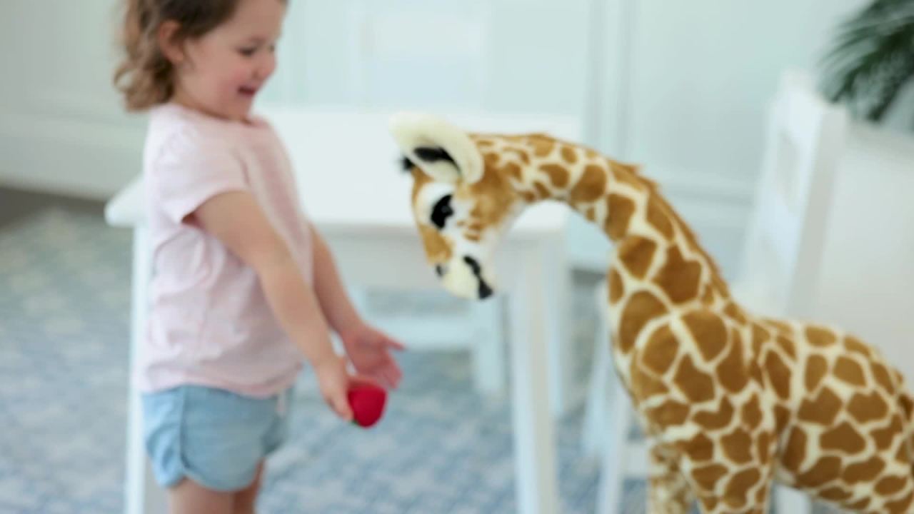 thumbnail video image 2 of Melissa & Doug Lifelike Plush Standing Baby Giraffe Stuffed Animal – 3 Feet Tall, 2 of 10