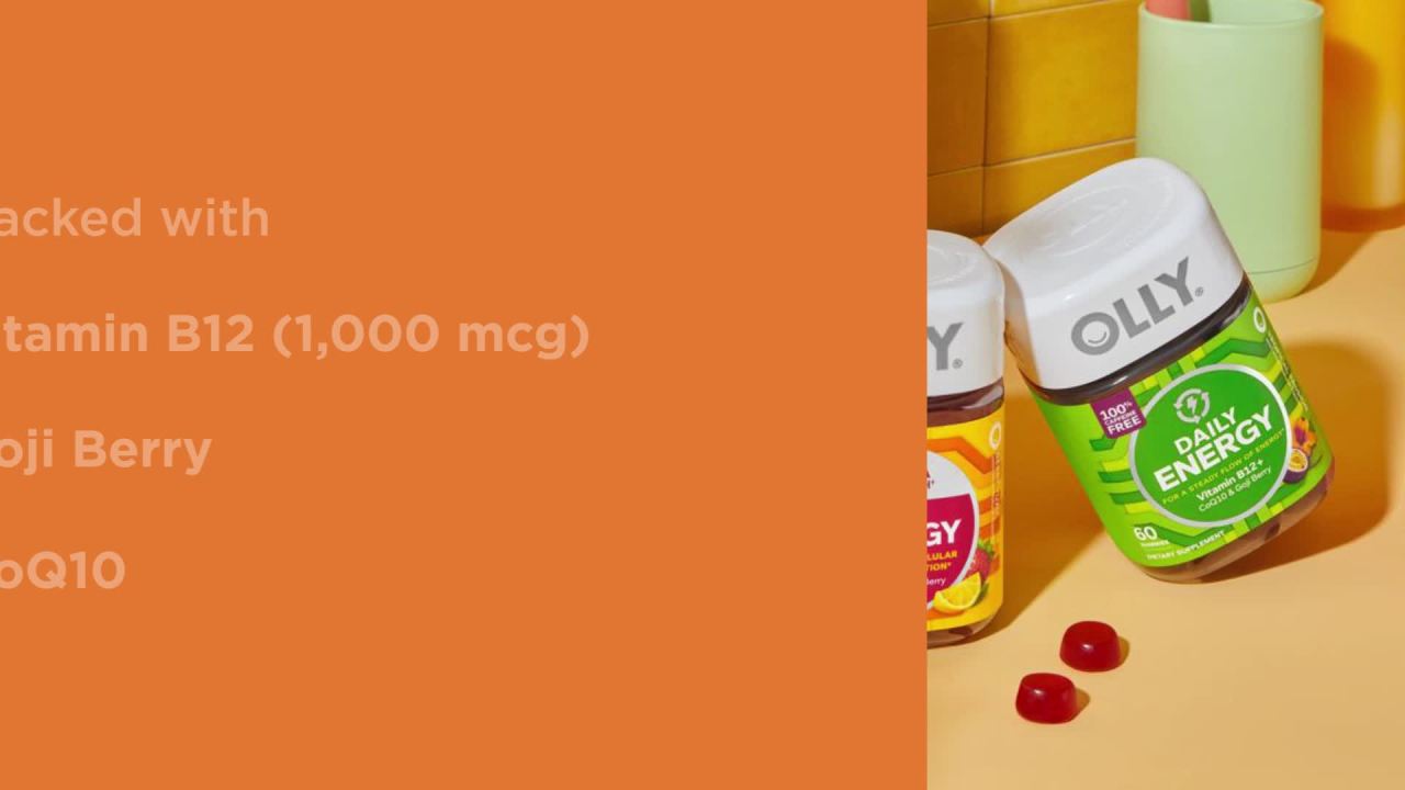 thumbnail video image 3 of OLLY Extra Strength Daily Energy Gummy Supplement, 1000 mcg Vitamin B12, 60 Count, 3 of 15
