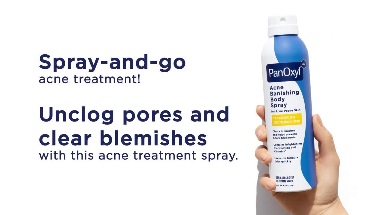 thumbnail video image 2 of PanOxyl Acne Banishing Body Spray 2% Salicylic Acid 6 oz, 2 of 11