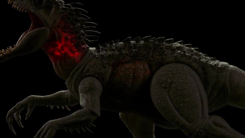 thumbnail video image 2 of Jurassic World Ultimate Damage Indominus Rex Dinosaur Figure, Lights & Sounds & Attack, 2 of 7