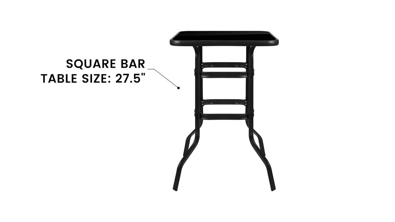 thumbnail video image 2 of Flash Furniture Barker 27.5" Square Black Tempered Glass Bar Height Metal Patio Bar Table, 2 of 11