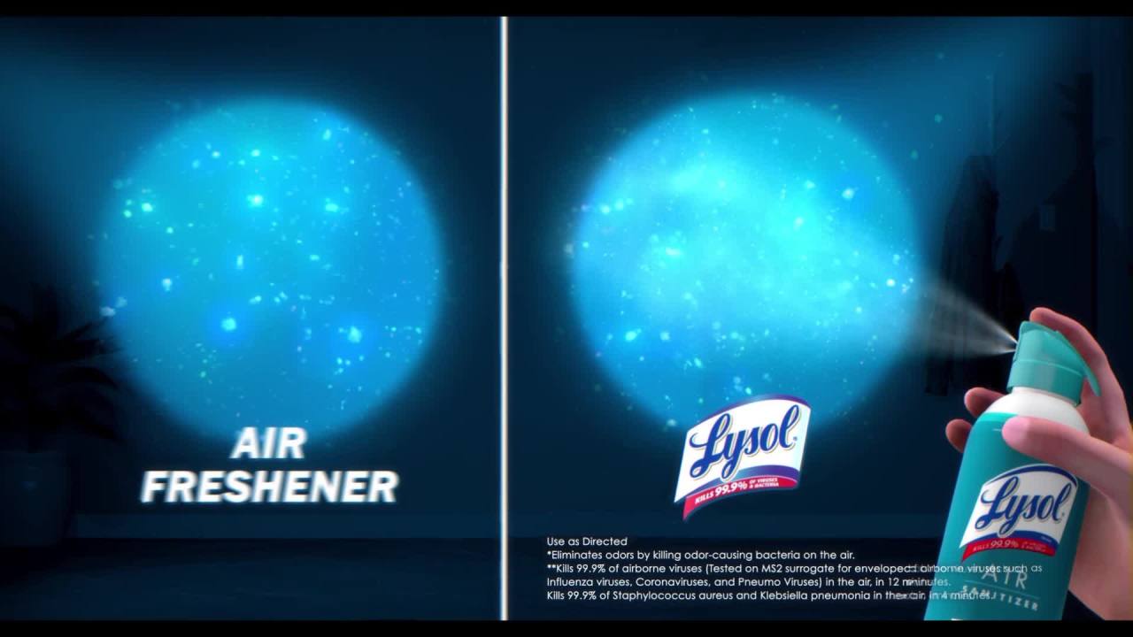thumbnail video image 2 of Lysol Air Sanitizing Odor Eliminating Spray for Home & Office, White Linen Scent, 10 fl oz, 2 of 8