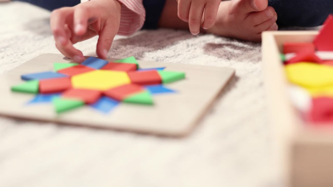 thumbnail video image 2 of Melissa & Doug Pattern Blocks and Boards - Classic Toy With 120 Solid Wood Shapes and 5 Double-Sided Panels, Multi-Colored Animals Puzzle, 2 of 11