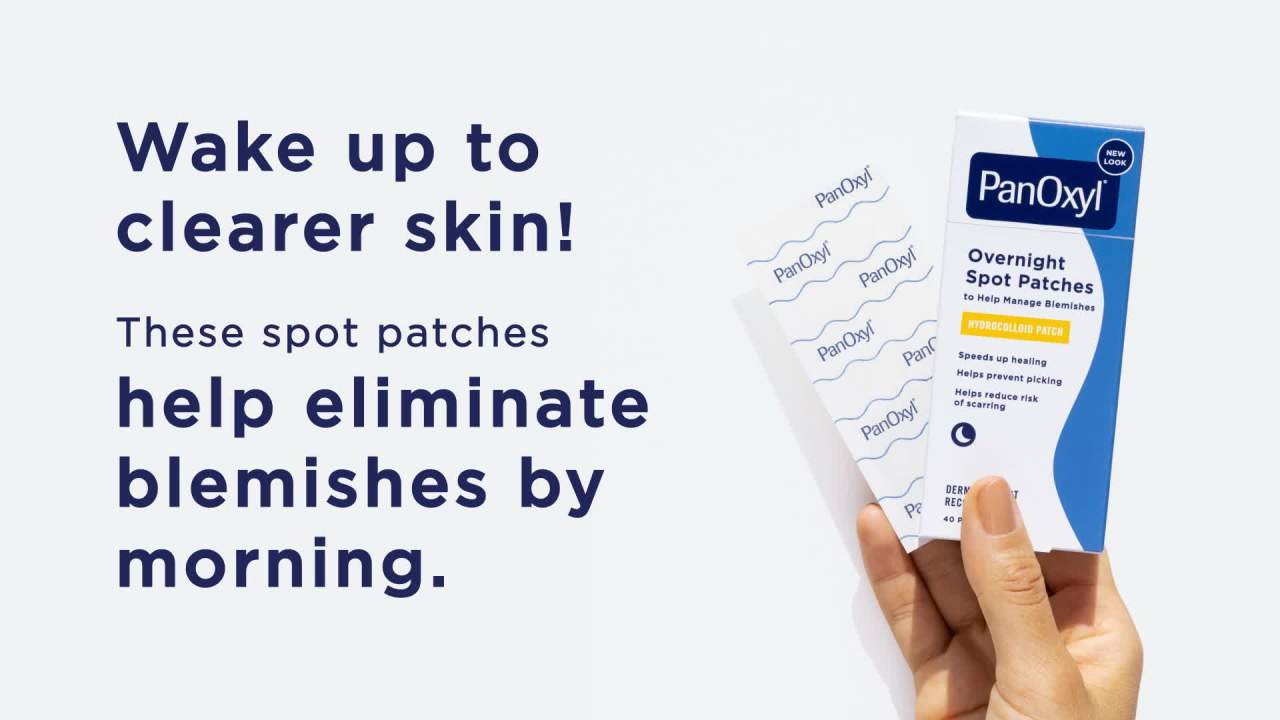 thumbnail video image 3 of PanOxyl Overnight Spot Patches for Face, Pimple Patch, Clear, 40 Count, 3 of 11
