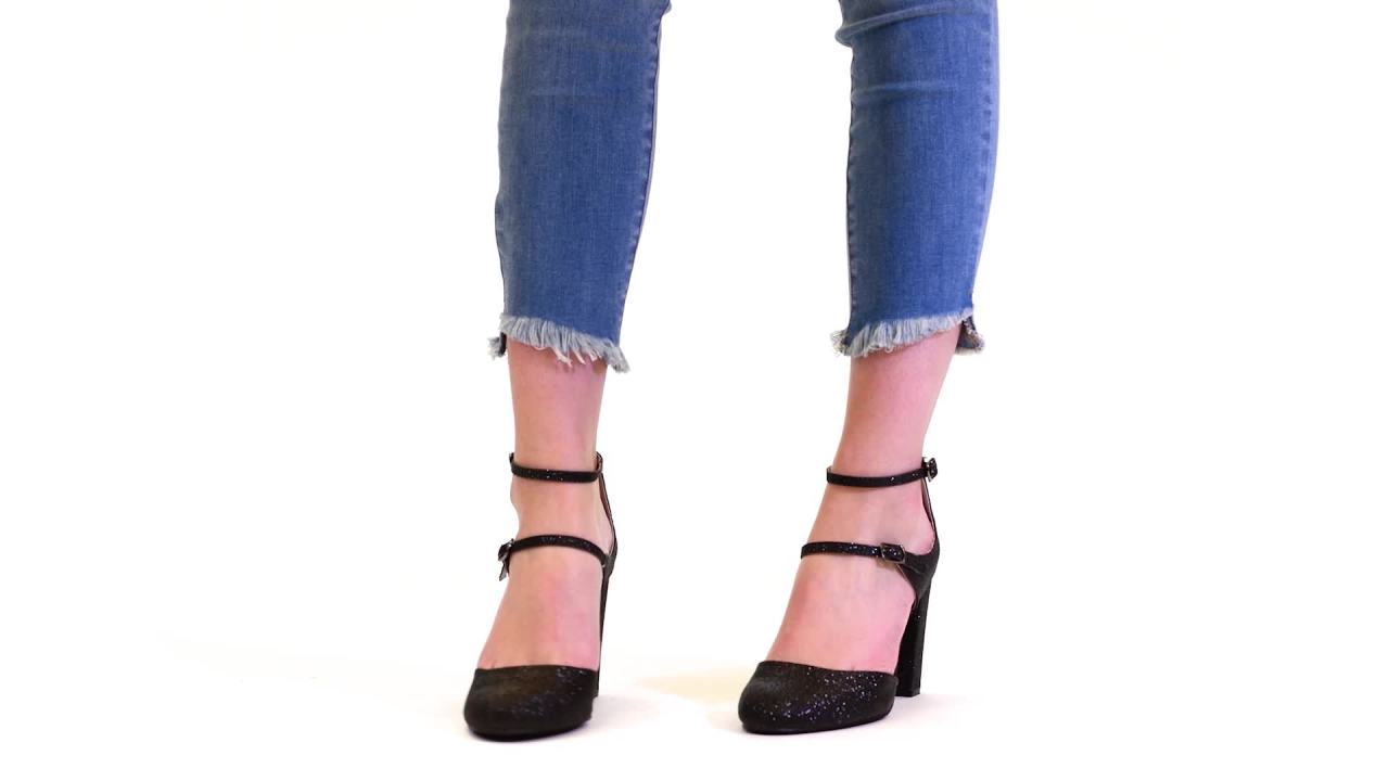 thumbnail video image 2 of Women's Faux Leather Glitter Double Strap Chunky High Heels, 2 of 3