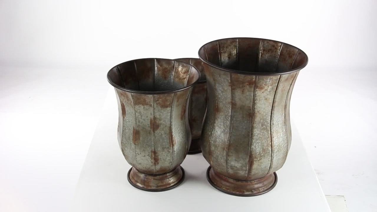 thumbnail video image 2 of Studio 350 Set of 3 Farmhouse 18, 22 and 27 Inch Grey Iron Planters by, 2 of 6