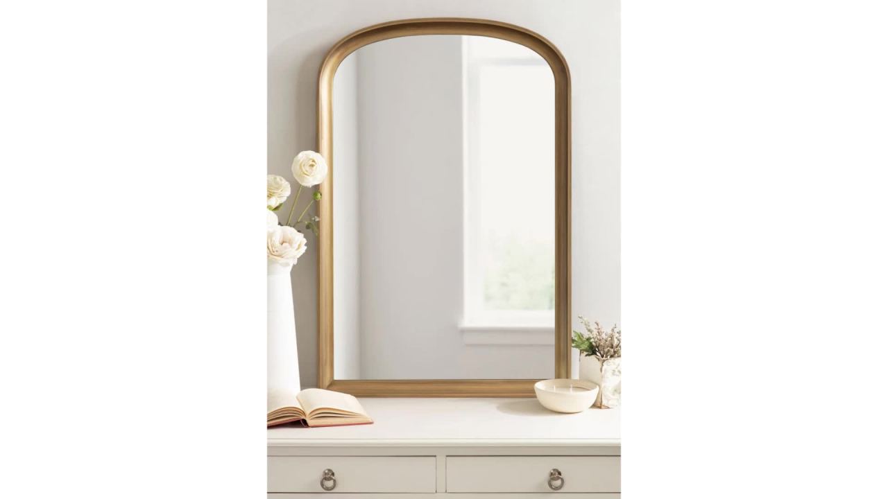thumbnail video image 2 of Kate and Laurel Hatherleigh Modern Arched Wooden Wall Mirror, 34 x 28, Rustic Brown, Decorative Wood Basket Arch Mirror for Use as Vanity Bathroom Accent or Living Room Mantel Decor, 2 of 9