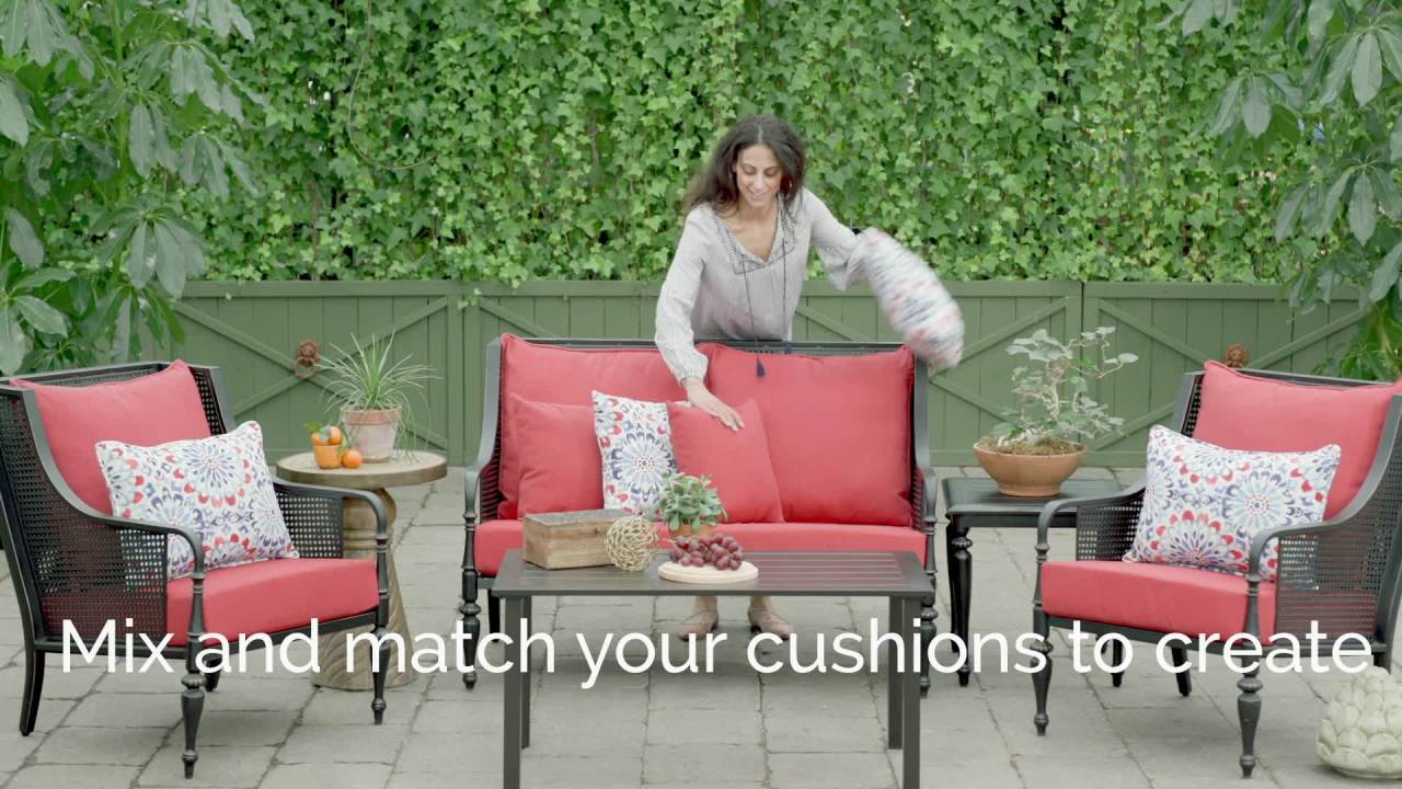 thumbnail video image 2 of ARDEN Outdoor Deep Seat Cushion Set, 24 x 24, Water Repellant, Fade Resistant, Deep Seat Bottom and Back Cushion for Chair, Sofa, and Couch, Ruby Red Leala, 2 of 14