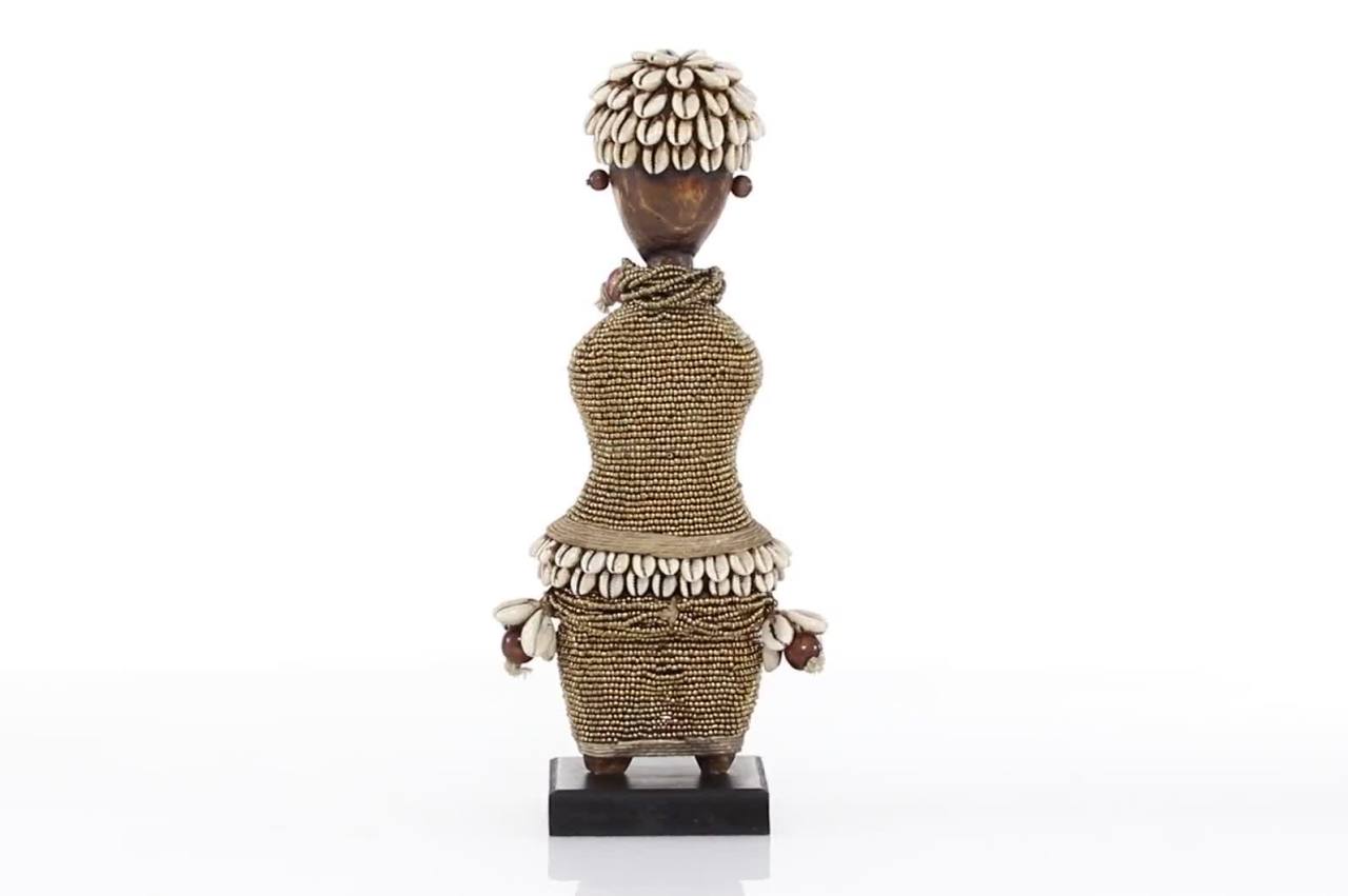 thumbnail video image 2 of Decmode Small Hand-Crafted Brown Pine Wood, Cowrie Shells, Gold Beads & Kente Cloth African Woman Namji Doll, 2 of 9
