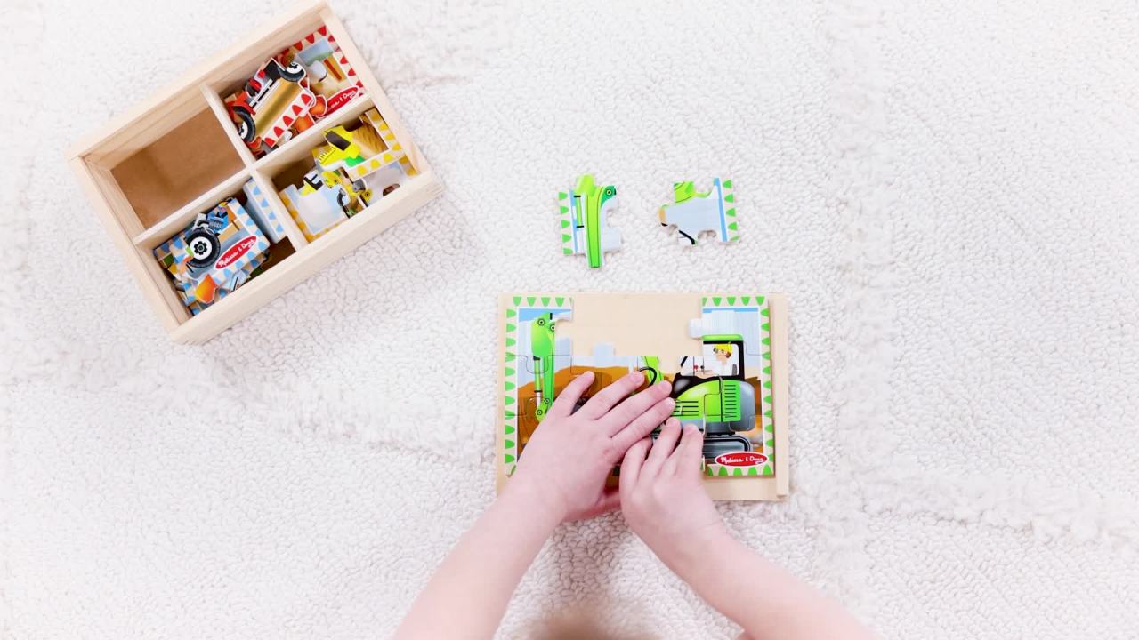 thumbnail video image 2 of Melissa & Doug Construction Vehicles 4-in-1 Wooden Jigsaw Puzzles in a Box (48 pcs) - FSC Certified, 2 of 10